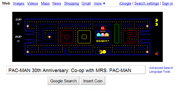 Google Logo: PAC-MAN 30th Anniversary Co-op with Mrs. PAC-MAN