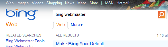 Bing.com Original Search Box and Tab Search Options Directly above Search Listings