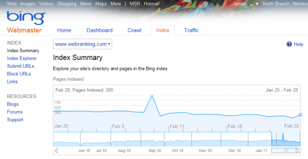 Bing Webmaster Tools: Index Summary