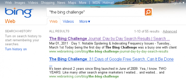 WebRanking Bing Challenge Posts in SERPs on 4th Day.