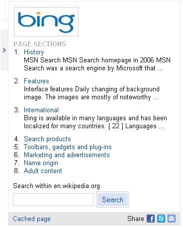 Bing More Info Box Image, Page Sections, Search Box