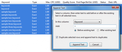 Google AdWords Editor: Append Text Tool
