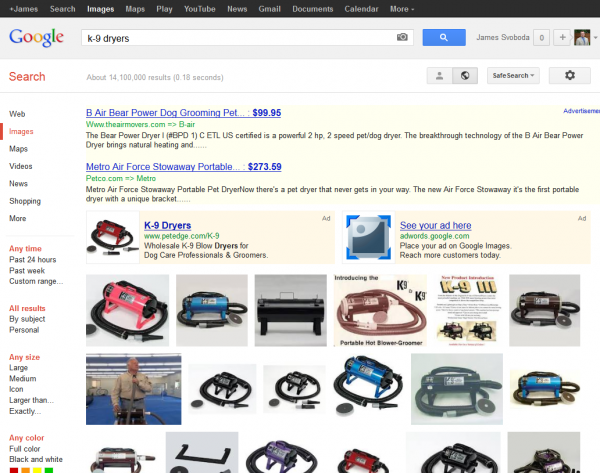 Google Image Search K-9 Dryers SERP with AdWords Product Listing and Text Ads