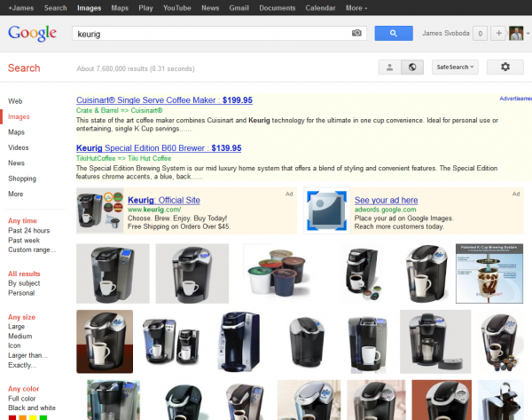 Google Image Search Keurig SERP with AdWords Product Listing and Text Ads