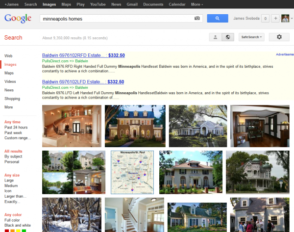 Google Image Search: Minneapolis Homes SERP with AdWords Text Ads Only