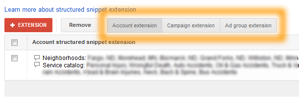 Google AdWords Ad Extension Structured Snippets Account Campaign Ad Group Extensions