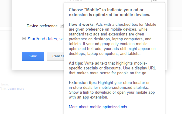 Google AdWords Ad Extension Structured Snippets Device Preference note