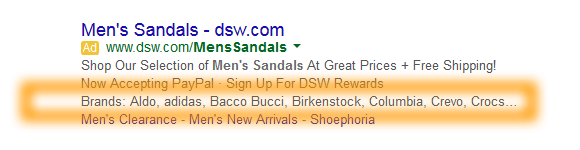 Google AdWords Ad Extension Structured Snippets Example Brands