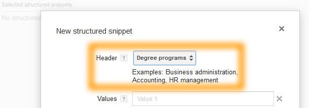 Google AdWords Ad Extension Structured Snippets - Header - Degree Programs