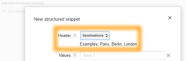 Google AdWords Ad Extension Structured Snippets Header Destinations