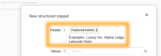 Google AdWords Ad Extension Structured Snippets Header Featured Hotels