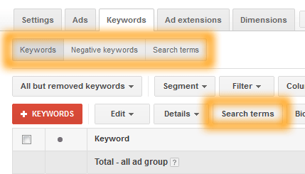Google AdWords Keywords Tab Options