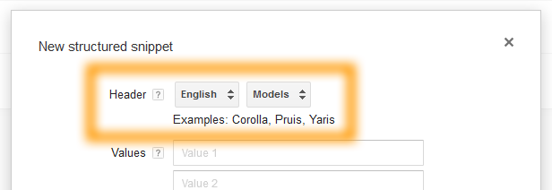 Google AdWords Ad Extension Structured Snippets - Models Header and Languages Updates